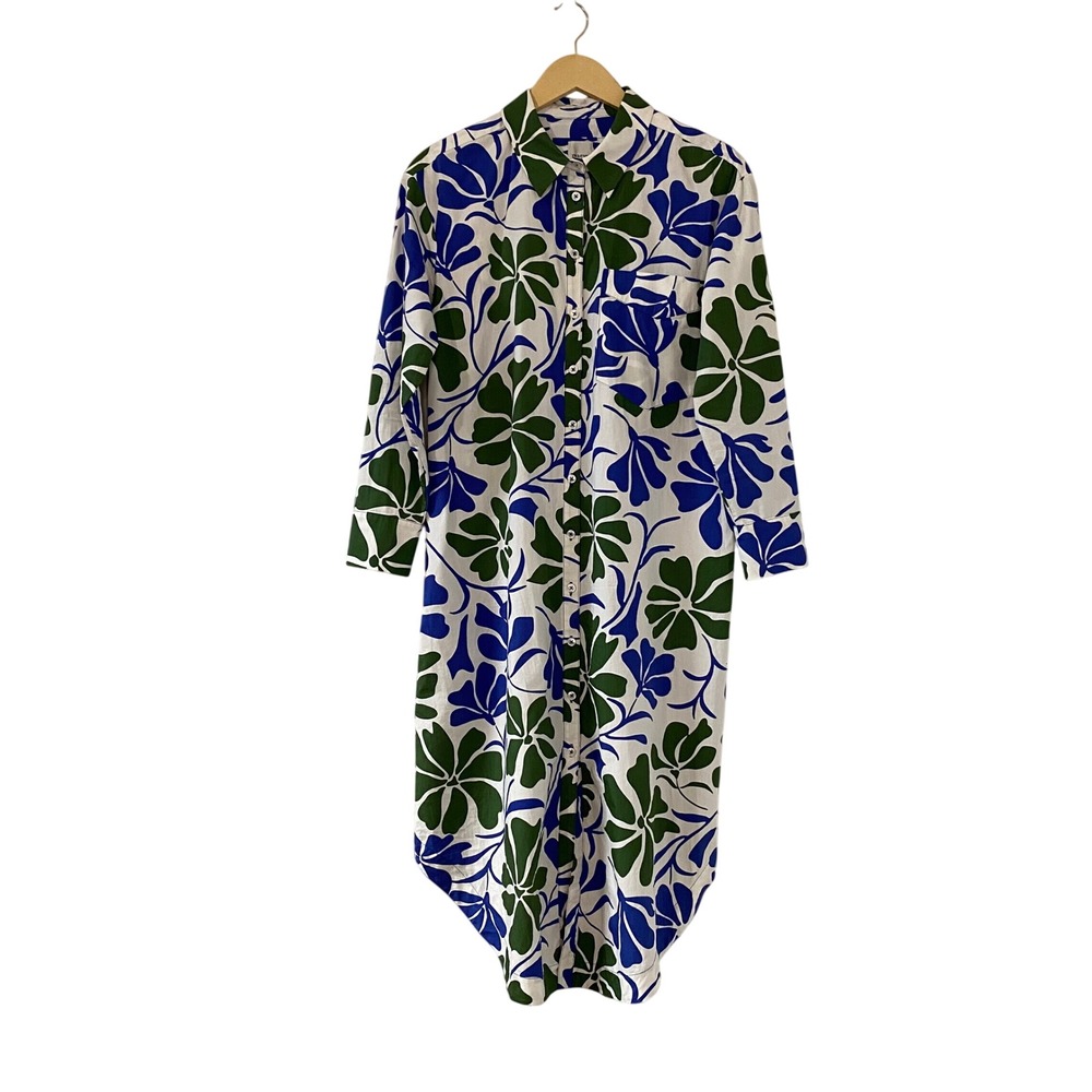 Maeve Blue Green Floral Cotton Shirt Dress Long Sleeve Midi MP Medium Petite
